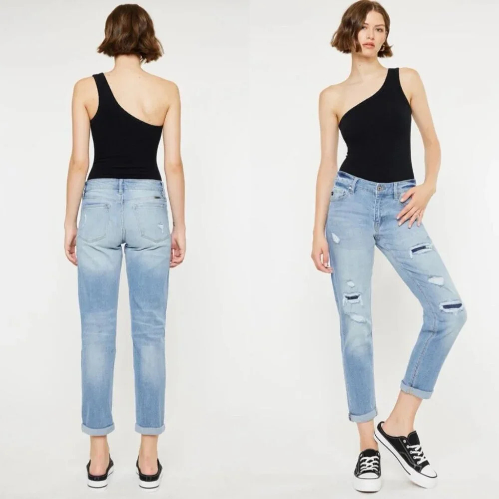 KanCan Luxanna Mid Rise Slim Boyfriend Jeans Light Blue Wash Distressed Sz 24